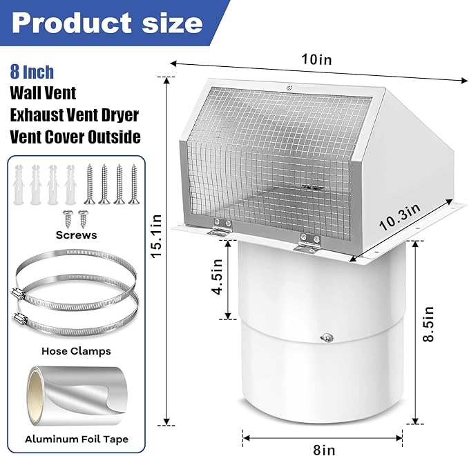8 Inch Hooded Wall Vent with Screen and Damper, 8 Inch Range Hood Wall Vent Cap, Wall Exhaust Vent Cover, Outdoor Hooded Wall Vent for Dryer Vent, Range Hood, Kitchen, White