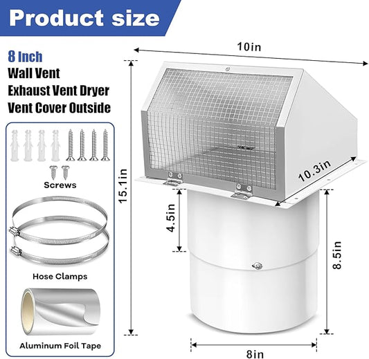 8 Inch Hooded Wall Vent with Screen and Damper, 8 Inch Range Hood Wall Vent Cap, Wall Exhaust Vent Cover, Outdoor Hooded Wall Vent for Dryer Vent, Range Hood, Kitchen, White