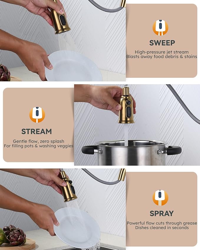 WOWOW Gold Kitchen Faucet with Sprayer - 304 Stainless Steel Kitchen Sink Faucet High Arc Pull Down Design for 1 or 3 Hole, Vintage Style
