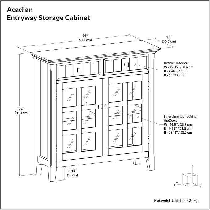 SIMPLIHOME Acadian Storage Cabinet - 36 inch Wide Solid Wood Entryway Storage Cabinet in Fog Grey, Transitional Cabinet for Hallway or Living Room with 2 Drawers and Adjustable Shelves