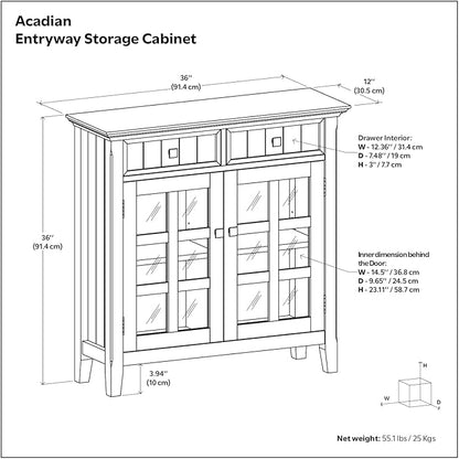 SIMPLIHOME Acadian Storage Cabinet - 36 inch Wide Solid Wood Entryway Storage Cabinet in Black, Transitional Cabinet for Hallway or Living Room with 2 Drawers and Adjustable Shelves