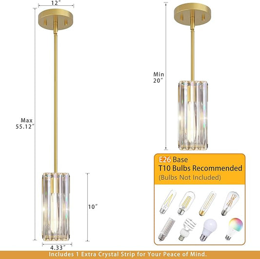 Brushed Gold Pendant Lights Kitchen Island,Modern 10"K9 Crystal Pendant Lighting Fixture,Adjustable Rods Small Hanging Light with Flat or Sloped Ceiling Mount,for Island Dining Room Kitchen Sink 1Pack