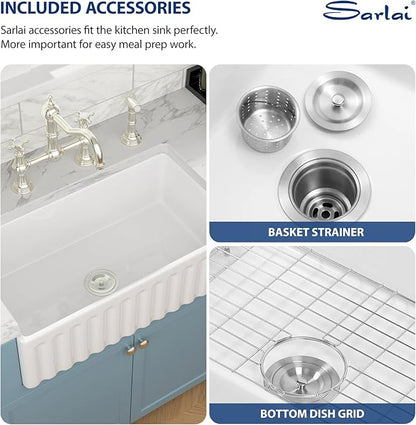 Sarlai 33 White Farmhouse Sink - 33x18 Inch Farm Kitchen Sink Reversible Apron Front White Ceramic Porcelain Fireclay Single Bowl Farmer Sinks