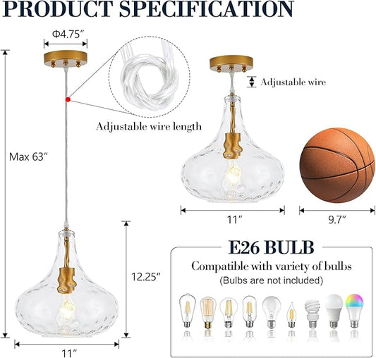 Modern Glass Pendant Light Hand-Blown Hammered Glass Shade 11inch Large Gold Pendant Lighting Fixtures for Kitchen Island 1 Light Ceiling Hanging Light for Kitchen Sink Dining Room Hallway, UL Listed