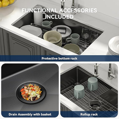 Lordear 33 Black Kitchen Sink Undermount Honeycomb Nano Finish 16 Gauge T304 Stainless Steel Single Bowl Workstation Sink with Cutting Boards Handmade