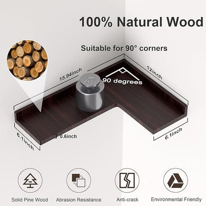 Corner Floating Shelves Set of 4, Rustic Pine Wood Corner Shelves for Wall Storage and Decor, L-Shaped Corner Wall Mounted Shelf for Bedroom, Living Room, Bathroom, Kitchen and more – Red Brown