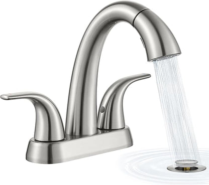 Ultimate Unicorn Brushed Nickel Bathroom Sink Faucet - 4 Inch Centerset Pull Down Vanity Faucets 3 Hole with Pop Up Drain - Two Handle Modern Washbasin Tap Set with Pull Out Sprayer for Rv Restroom
