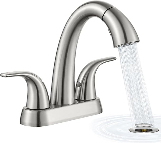 Ultimate Unicorn Brushed Nickel Bathroom Sink Faucet - 4 Inch Centerset Pull Down Vanity Faucets 3 Hole with Pop Up Drain - Two Handle Modern Washbasin Tap Set with Pull Out Sprayer for Rv Restroom
