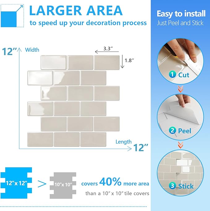 STICKGOO Peel and Stick Backsplash Subway Tiles, 10 Sheets of 12" x 12" - 3D Adhesive Peel and Stick Tile Backsplash for Kitchen, Bathroom, Wall Tile (Thicker Design, Light Gray Beige)