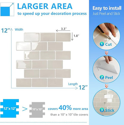 STICKGOO Peel and Stick Backsplash Subway Tiles, 10 Sheets of 12" x 12" - 3D Adhesive Peel and Stick Tile Backsplash for Kitchen, Bathroom, Wall Tile (Thicker Design, Light Gray Beige)