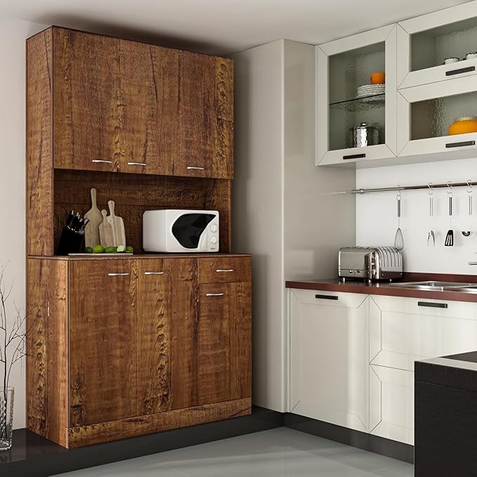 DMAITH 71" Kitchen Pantry Cabinets with Microwave Stand, 6 Doors & 3 Adjustable Shelves, Freestanding China Cabinet Hutch, Buffet Cabinet with Storage, Walnut