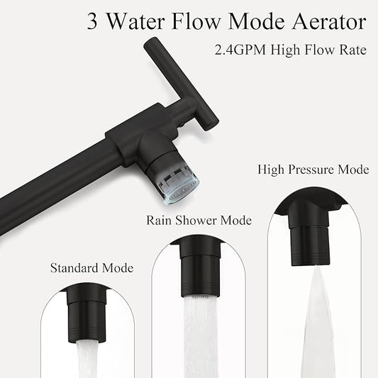 Pot Filler Faucets - for Kitchen, Sink, Stove and Bar with Brass Wall Mount Double Joint Swing Arms - Leak Free Designs with High-Flow Aerators - Retractable and Folding Save Space - Matte Black