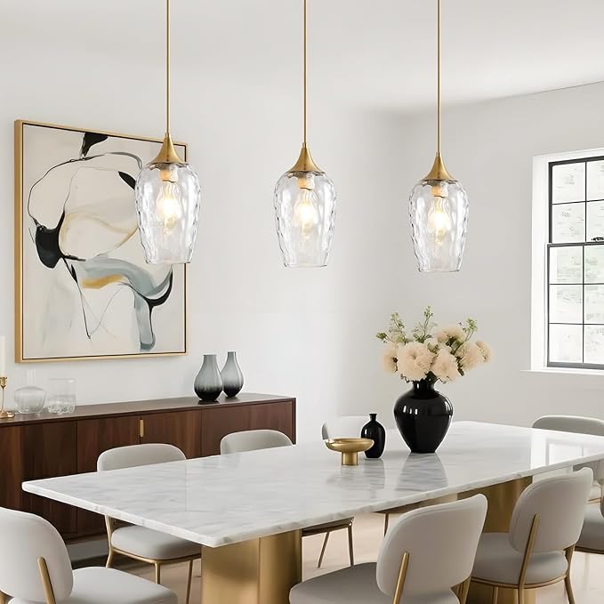 Glass Pendant Lights Kitchen Island, Gold Pendant Light Fixtures with Hand-Blown Clear Glass Modem Farmhouse Hanging Light for Kitchen Sink Dining Room Bedroom