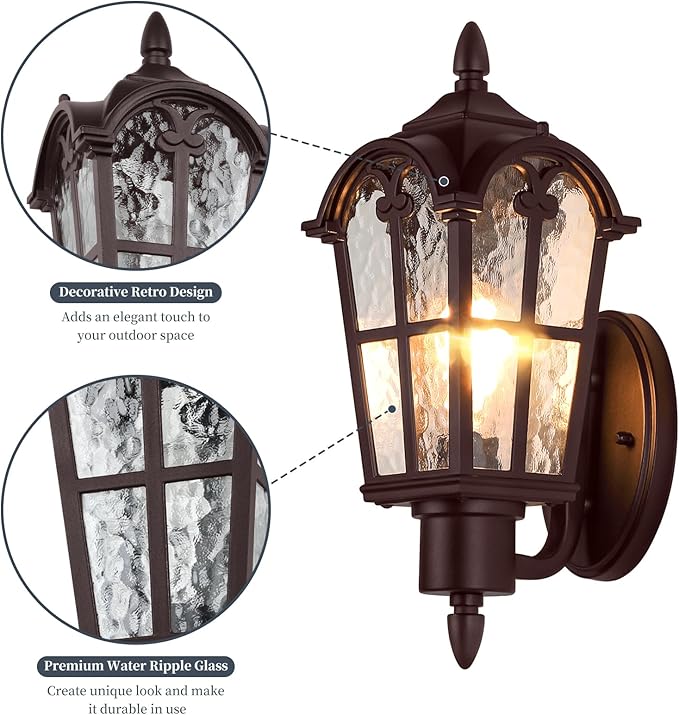 Sucolite Large Size Outdoor Wall Light Fixtures, Brown Exterior Lighting Fixtures Porch Sconces Waterproof, Vintage Outside Wall Sconces with Water Ripple Glass for House Front Door Garage, 1 Pack