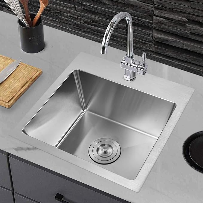 YSSOA Top-Mount Workstation Kitchen Sink, 20 Gauge Single Bowl Stainless Steel with 3 Accessories (Sink + Bottom Grid + Drain), 15-Inch, Silver