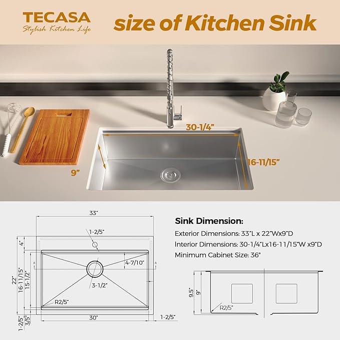 33 x 22 Drop-In/Undermount Kitchen Sink, TECASA Single Bowl Kitchen Sink, 18-Gauge T-304 Stainless Steel Basin with Workstation