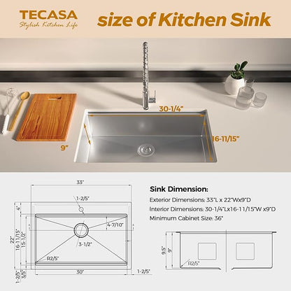 33 x 22 Drop-In/Undermount Kitchen Sink, TECASA Single Bowl Kitchen Sink, 18-Gauge T-304 Stainless Steel Basin with Workstation