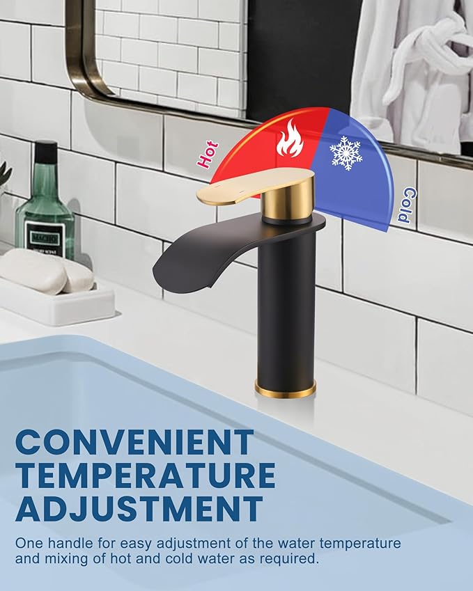 Waterfall Bathroom Faucet: WOWOW Black and Gold Modern Single Handle Bathroom Faucets for 1 or 3 Hole Bathroom Sink Faucet Mixer Tap Washbasin Faucet with Deck, Pop-up Drain and Supply Hoses