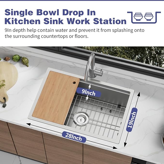 Kitchen Sink Workstation,28"x19" Stainless Steel Undermount Single Bowl Sink Built-in Ledge Drop In Workstation Sink For Placing/Sliding Accessories-Cutting Board,Drying Rack,Colander