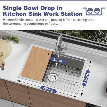 Kitchen Sink Workstation,28"x19" Stainless Steel Undermount Single Bowl Sink Built-in Ledge Drop In Workstation Sink For Placing/Sliding Accessories-Cutting Board,Drying Rack,Colander