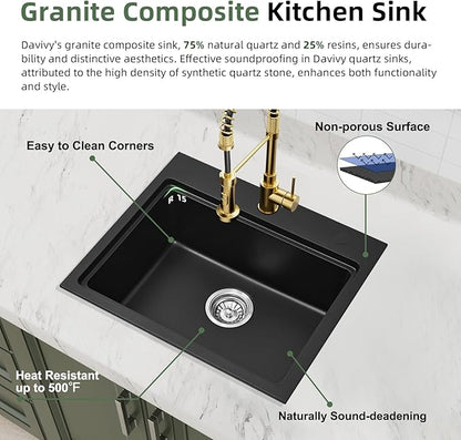 Davivy 22 Inch Granite Kitchen Sink Workstation, 22 x 19 Black Drop In/Undermount Kitchen Sink, Deep Quartz Composite Single Bowl Basin with Accessories