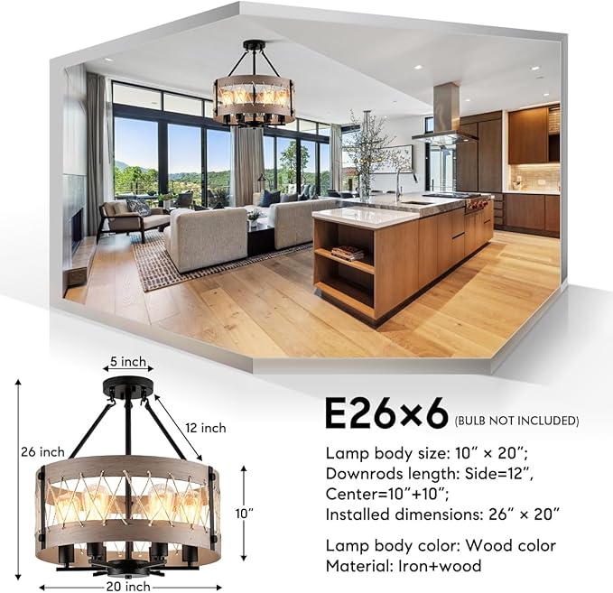 A Million D20'' Farmhouse Chandelier, 6-Light Adjustable Dining Room Light Fixture Kitchen Island Lighting, Rustic Drum Chandelier Hanging Lights for Entryway Foyer Bedroom Living Room