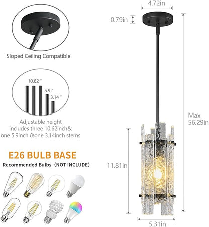 Modern Crystal Pendant Lighting Black Pendant Lights Mini Glass Chandeliers, Adjustable Pendant Light Fixture for Kitchen Island Bedroom Living Room Dining Room Corridor(2Pack)