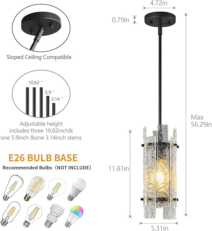 Modern Crystal Pendant Lighting Black Pendant Lights Mini Glass Chandeliers, Adjustable Pendant Light Fixture for Kitchen Island Bedroom Living Room Dining Room Corridor(1Pack)