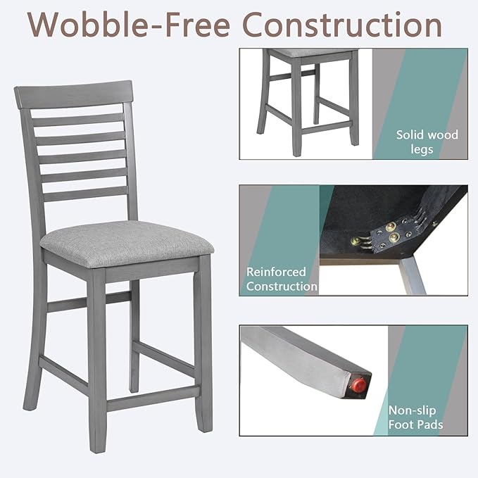 Counter Height Dining Chairs Set of 4, Gray Wooden Bar Stools with Ergonomic Ladder Back & Padded Linen Seat, Kitchen Chairs for Dining Room, Living Room