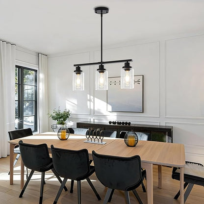 Modern Island Lights for Kitchen Black Dining Room Light Fixtures Over Table 3-Light Farmhouse Linear Chandelier Clear Glass Kitchen Lights Ceiling Adjustable Hanging Pendant Lighting Over Island