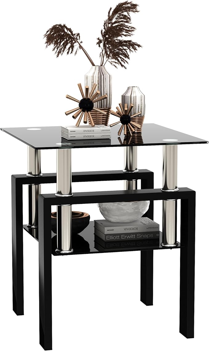 Glass End Table, Glass Side Table with Tempered Glass Top & Metal Legs, Living Room Table Modern Tea Table Side Tables 2-Layer for Living Room Bedroom