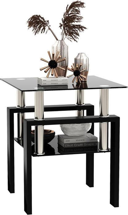 Glass End Table, Glass Side Table with Tempered Glass Top & Metal Legs, Living Room Table Modern Tea Table Side Tables 2-Layer for Living Room Bedroom