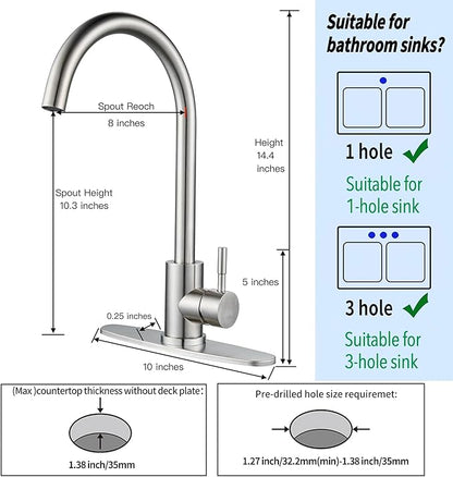 Single Handle High Arc Brushed Nickel Kitchen Faucet Stainless Steel Commercial Single Hole Kitchen Sink Faucet, Modern One Hole Bar Sink Faucet with Deck Plate