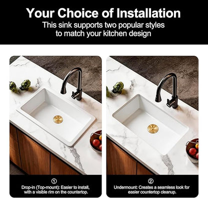 Kitsitchen 32 Inch Large Undermount Kitchen Sink, White Granite Composite Kitchen Sink with A Gold Sink Drain Assembly & Sink Bottom Gird, 32" x 18" Quartz Stone Kitchen Sink, Fast Drainage