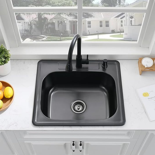 25 Inch Drop In Kitchen Sink Black-Bokaiya 25x22 Drop In Sink Black Stainless Steel 18 Gauge Single Bowl Outdoor Top Mount Kitchen Sinks with Dish Grid