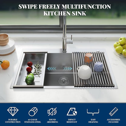 Stainless Steel Kitchen Sink 36 × 22 × 10 inch – Topmount Single Bowl Sink, Brushed Finish, Includes Bottom Grid & Drain, 2.0mm Rim, 1.0mm Bowl