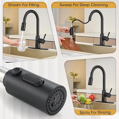 Matte Black Kitchen Faucet with Pull Down Sprayer, High Arc Single Handle Stainless Steel 1 or 3 Hole Faucet for Kitchen Sink, Farmhouse, RV, Laundry, Bar, Outdoor