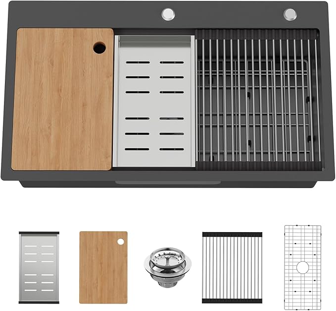 Black Kitchen Sink Workstation, 33x19 In Stainless Steel Drop In Kitchen Sink Modern Large Single Bowl Sink Gift Combo-SS Grid,Drying Rack,SS Colander,Cutting Board,Drain Assembly For Various Kitchen
