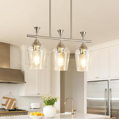 21.2" Dining Room Light Fixture/Chandelier Over Table, 3-Light Brushed Nickel Kitchen Island Lighting with Clear Glass Shade, Modern Hanging Pendant Lights Fixture for Kitchen Island, Dining Room, Bar