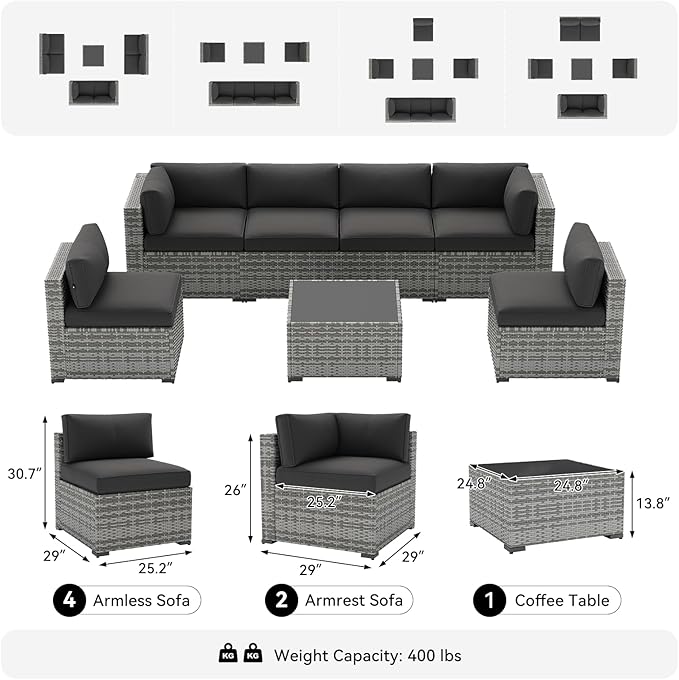 LazySunsets 7-Piece Patio Furniture Set, Wicker Rattan Outdoor Furniture with Thick Cushions, Patio Conversation Sets with Coffee Table, Outdoor Sectional Couch Sofa with Waterproof Cover, Black