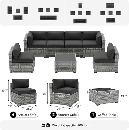 LazySunsets 7-Piece Patio Furniture Set, Wicker Rattan Outdoor Furniture with Thick Cushions, Patio Conversation Sets with Coffee Table, Outdoor Sectional Couch Sofa with Waterproof Cover, Black
