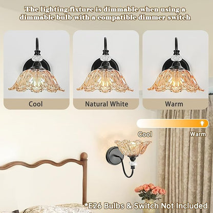 Black Wall Sconces with Floral Amber Glass Shades, Black Farmhouse Wall Mount Lighting for Bathroom,Vintage Bathroom Vanity Light Fixtures