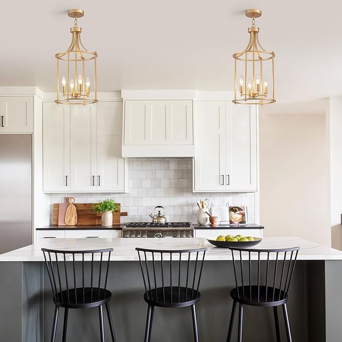 XINGQI Gold Chandeliers for Dining Room,4 Light Hanging Lantern Pendant Light Fixture Metal Farmhouse Geometric Chandelier Cage Pendant for Kitchen Island Entryway Living Room