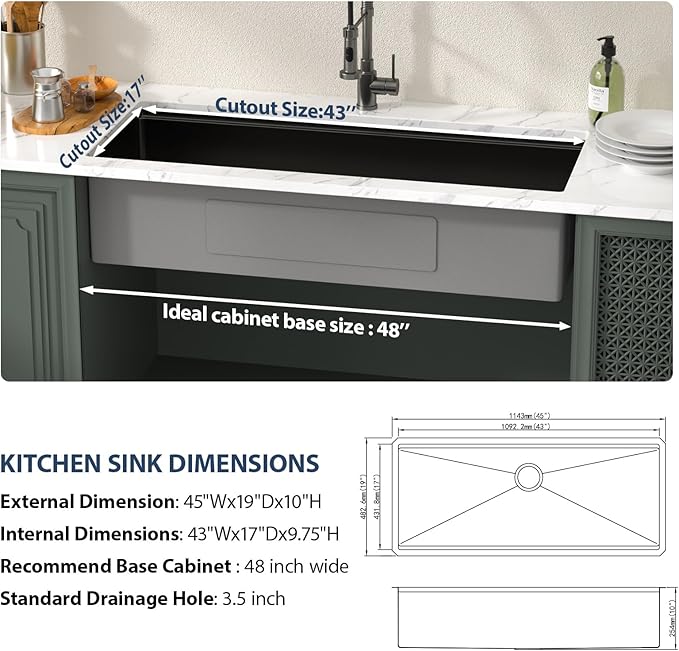 Lordear Luxury 45 Black Undermount Kitchen Sink NANO PVD Large Ledge Workstation T304 16 Gauge Stainless Steel Single Bowl Under Counter, 45''x19''x10''