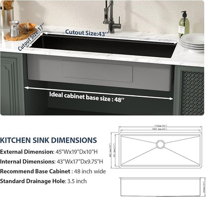 Lordear Luxury 45 Black Undermount Kitchen Sink NANO PVD Large Ledge Workstation T304 16 Gauge Stainless Steel Single Bowl Under Counter, 45''x19''x10''