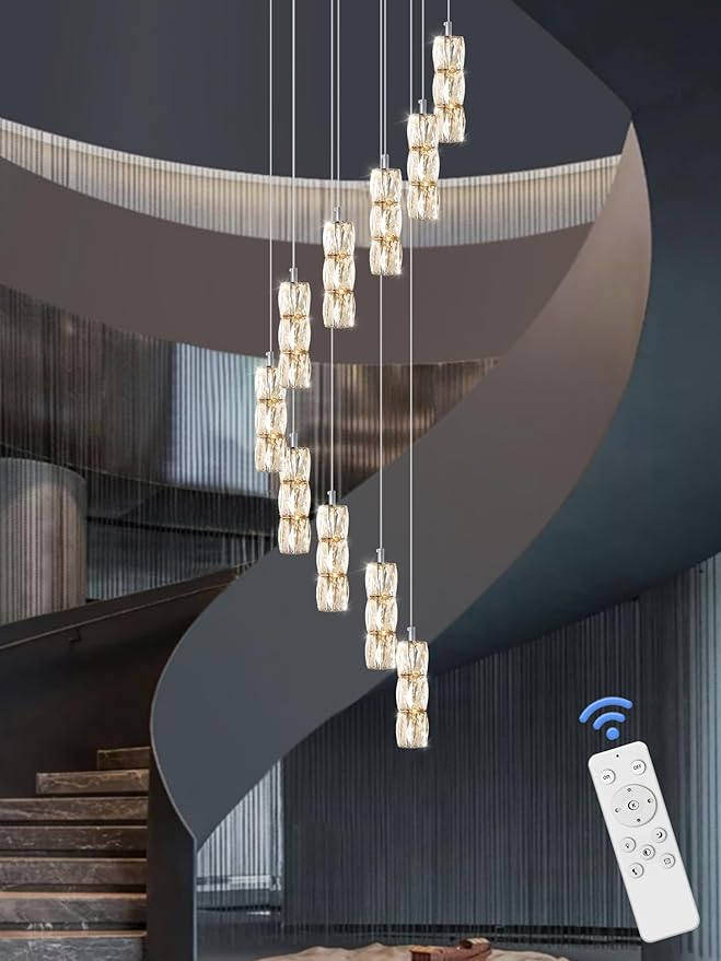 ykolupty Long Staircase Crystal Pendant Chandeliers 10-Lights Silver Column Crystal Chandeliers Foyer Entrance High Ceiling Hanging Chandelier 2700-6000k Dimmable Fixtures LED Big Chandeliers