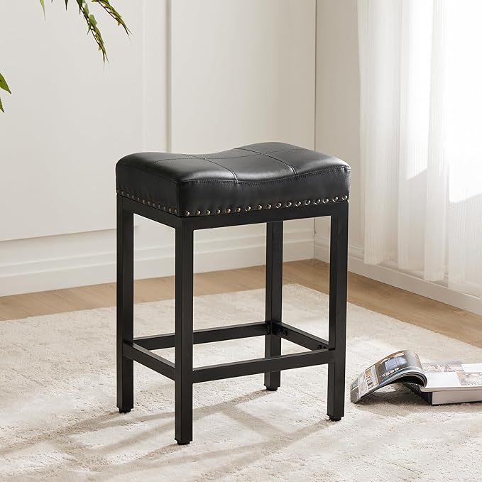 Sweetcrispy 24 inch Bar Stools Set of 6, Upholstered Modern Counter Height Bar Stools for Kitchen Island Modern PU Leather Sadless Stools Chair with Metal Base and Footrest,Black