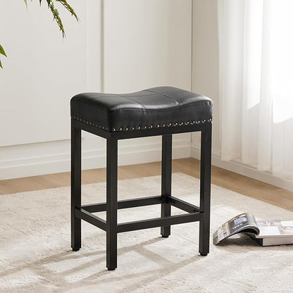 Sweetcrispy 24 inch Bar Stools Set of 6, Upholstered Modern Counter Height Bar Stools for Kitchen Island Modern PU Leather Sadless Stools Chair with Metal Base and Footrest,Black