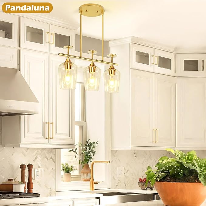 3-Light Pendant Lights Kitchen Island Lighting Fixtures Gold Linear Chandelier Dining Room Light Fixture Ceiling Hanging Modern Kitchen Chandeliers Over Table with Clear Glass Shades