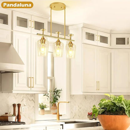 3-Light Pendant Lights Kitchen Island Lighting Fixtures Gold Linear Chandelier Dining Room Light Fixture Ceiling Hanging Modern Kitchen Chandeliers Over Table with Clear Glass Shades